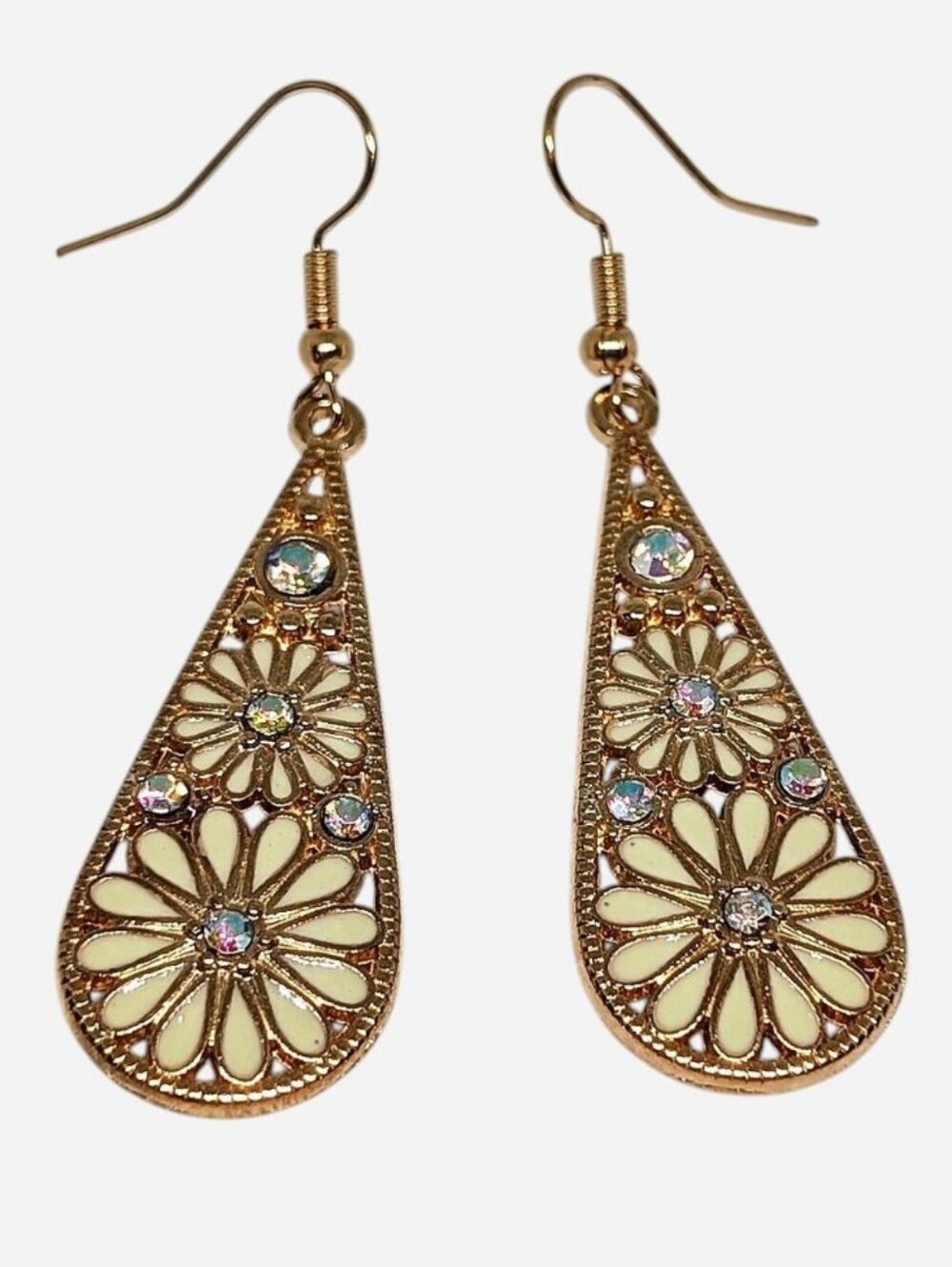 Gold-Tone Cream Flower Teardrop Dangle Earrings
